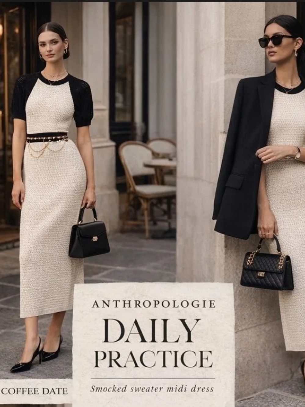 Anthropologie Cream Midi Dress with Black Trim